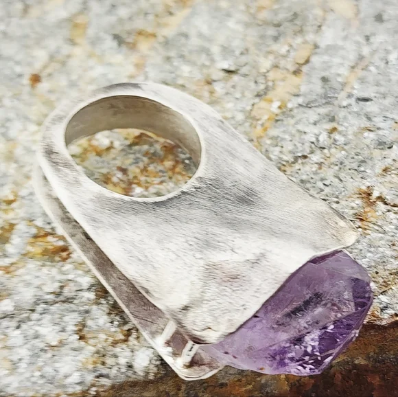 RAW AMETHYST STONE STATEMENT RING HANDMADE IN STERLING SILVER METAL SIZE 9